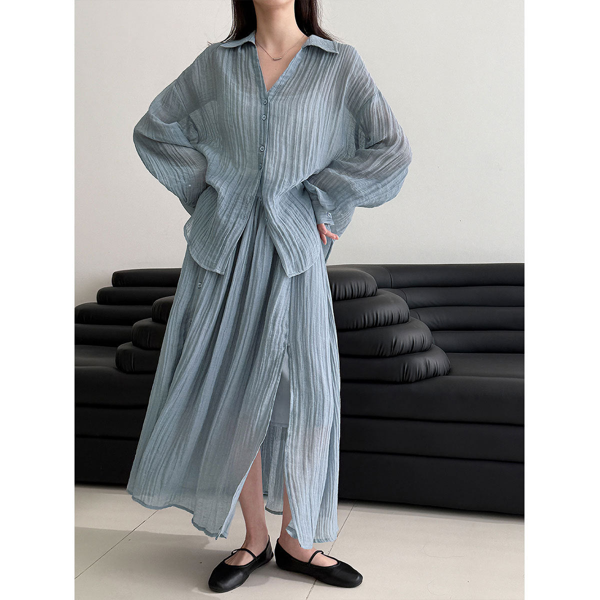 Style Pleated Shirt Jacket + Skirt Women's Casual Two-Piece Set