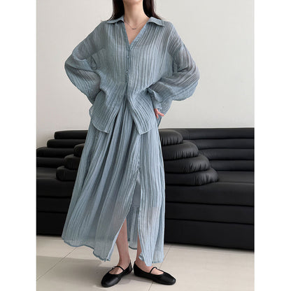 Style Pleated Shirt Jacket + Skirt Women's Casual Two-Piece Set