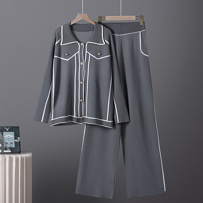 Collar cardigan jacket straight leg pants two-piece set
