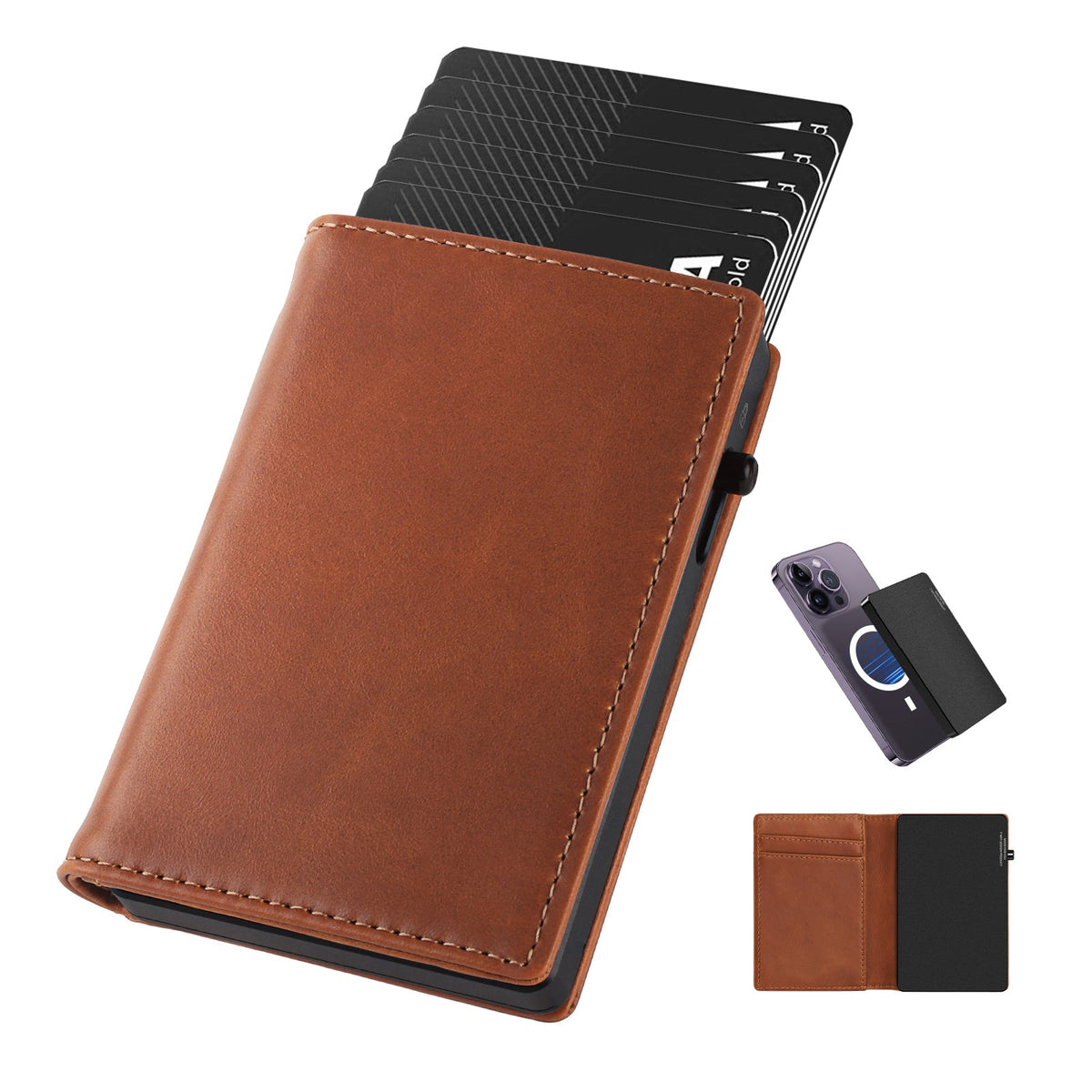 TOYFID Men's Aluminum Alloy Pop-Up Card Holder Wallet with Genuine Leather Cover