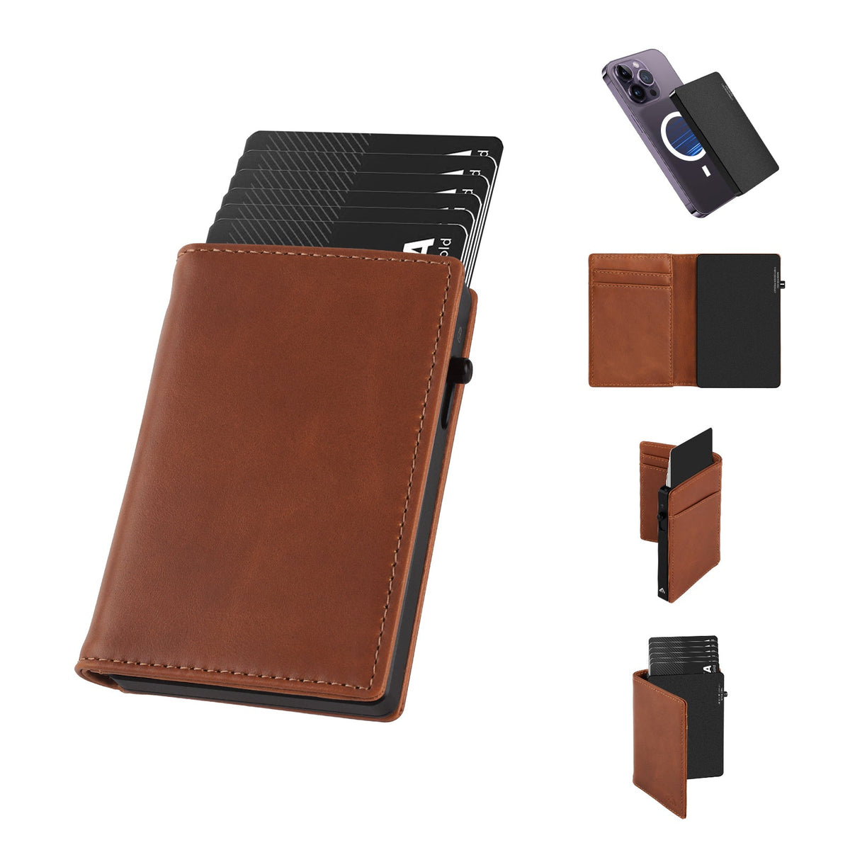 TOYFID Men's Aluminum Alloy Pop-Up Card Holder Wallet with Genuine Leather Cover