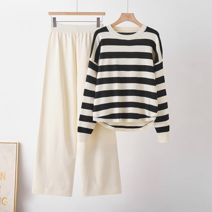 Striped color loose long sleeved round neck two-piece set