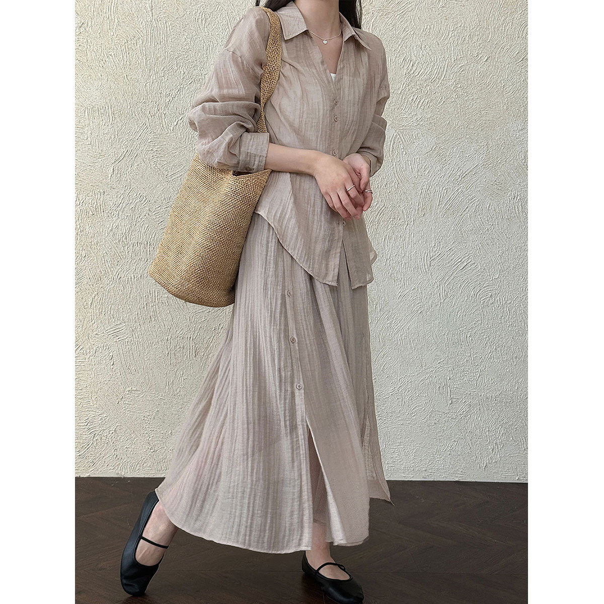 Style Pleated Shirt Jacket + Skirt Women's Casual Two-Piece Set