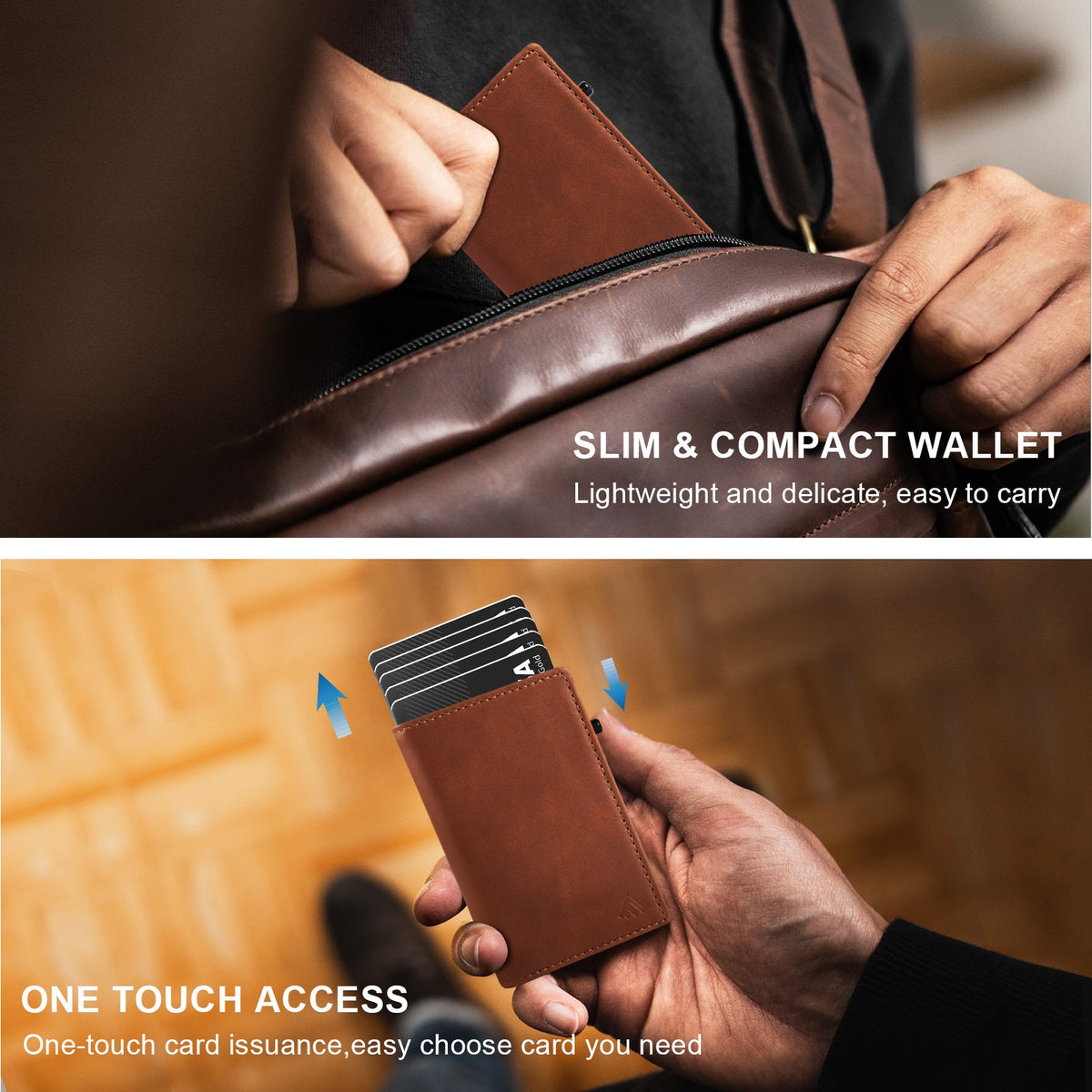 TOYFID Men's Aluminum Alloy Pop-Up Card Holder Wallet with Genuine Leather Cover