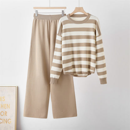 Striped color loose long sleeved round neck two-piece set