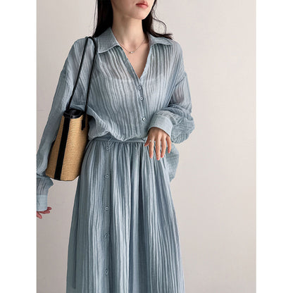 Style Pleated Shirt Jacket + Skirt Women's Casual Two-Piece Set