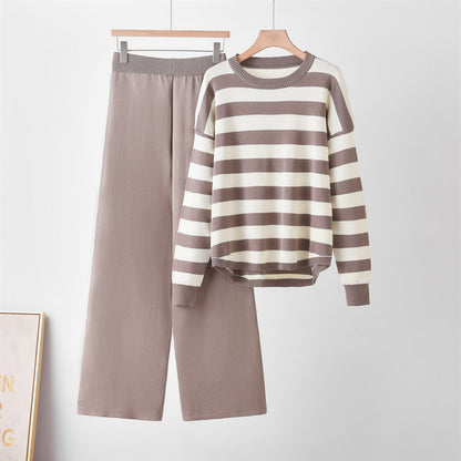 Striped color loose long sleeved round neck two-piece set