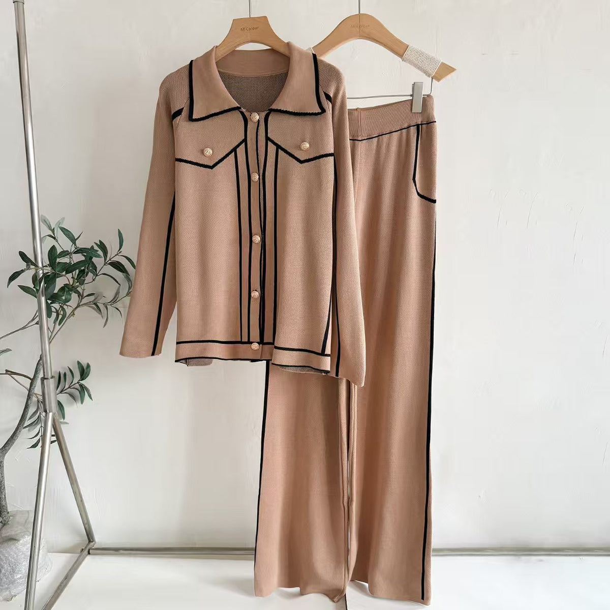 Collar cardigan jacket straight leg pants two-piece set