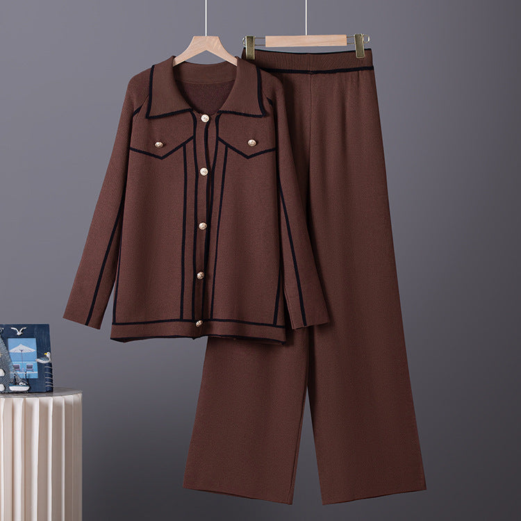 Collar cardigan jacket straight leg pants two-piece set