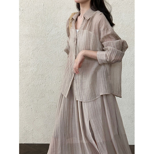 Style Pleated Shirt Jacket + Skirt Women's Casual Two-Piece Set