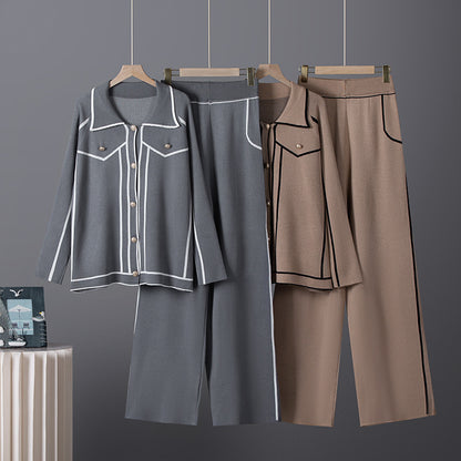 Collar cardigan jacket straight leg pants two-piece set
