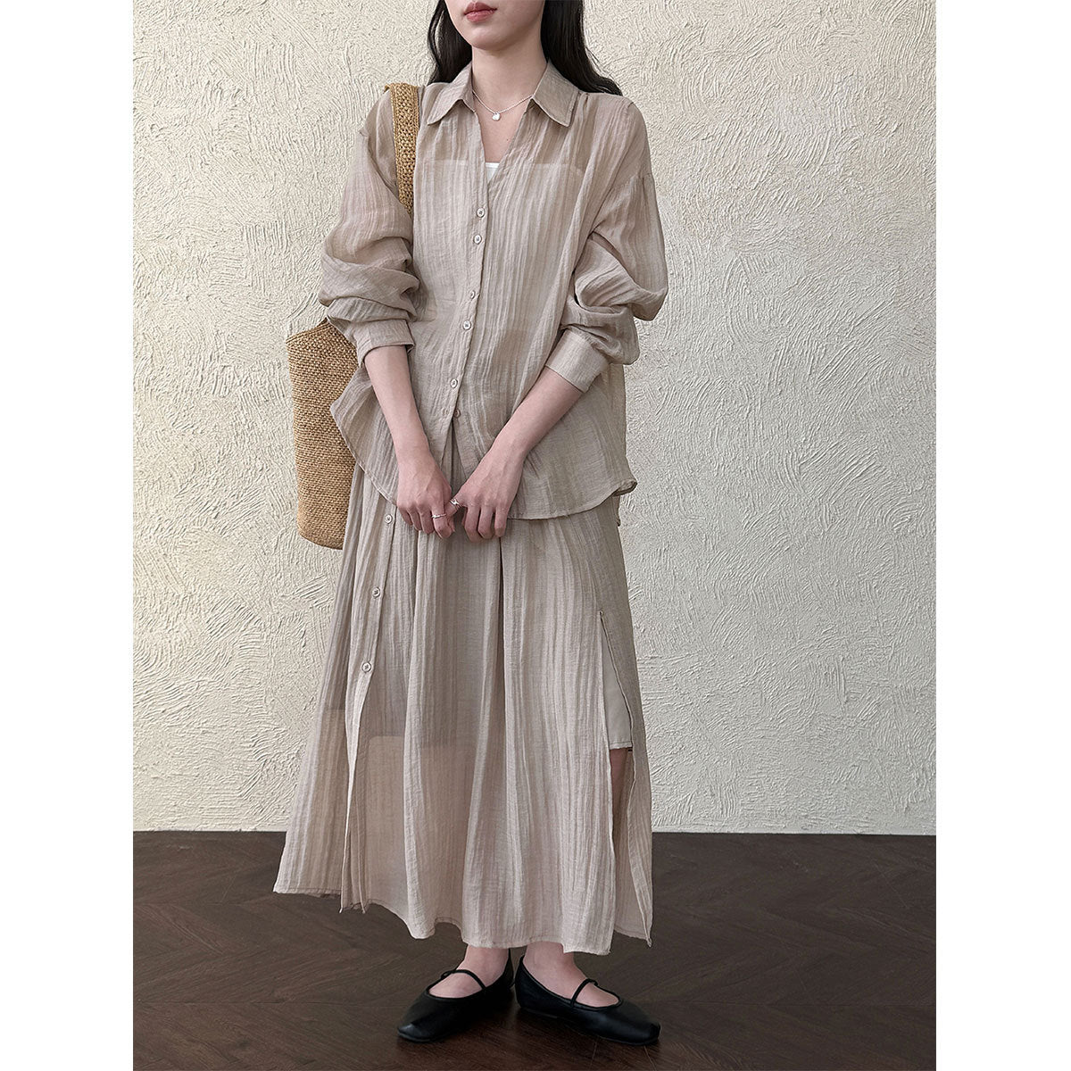 Style Pleated Shirt Jacket + Skirt Women's Casual Two-Piece Set