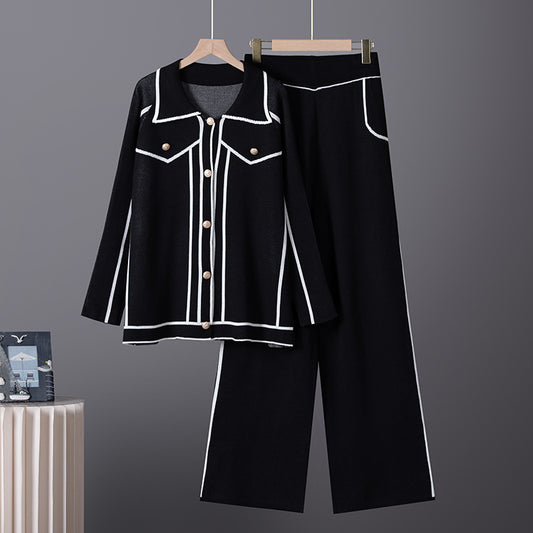 Collar cardigan jacket straight leg pants two-piece set