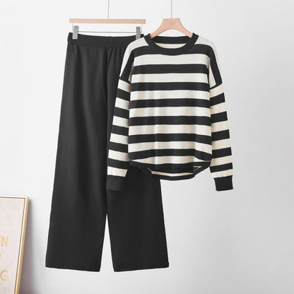 Striped color loose long sleeved round neck two-piece set