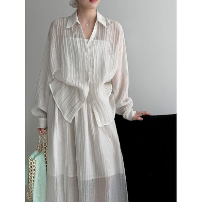 Style Pleated Shirt Jacket + Skirt Women's Casual Two-Piece Set